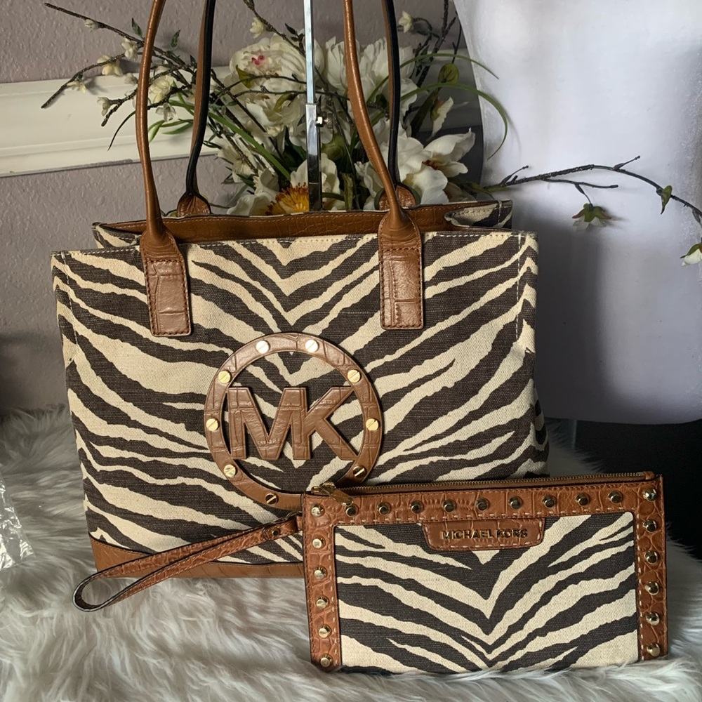Michael Kors Zebra Print Tote and Clutch Set - Brown